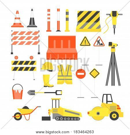 Cartoon Road Construction Color Icons Set Flat Style Design Elements Transportation, Equipment and Street Sign. Vector illustration