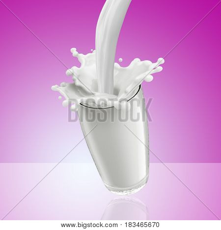 Splash of milk from the glass .Pink background. 3d rendering