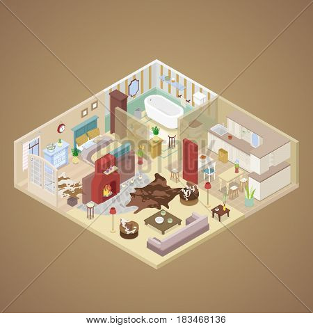 Rural House Interior Design with Living Room, Bedroom and Kitchen. Isometric vector flat 3d illustration