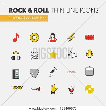 Rocknroll Linear Thin Line Vector Icons Set with Musical Instruments