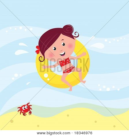 Illustration der hübsch lächelnd mädchen Schwimmen im Meer in der Nähe von Strand.