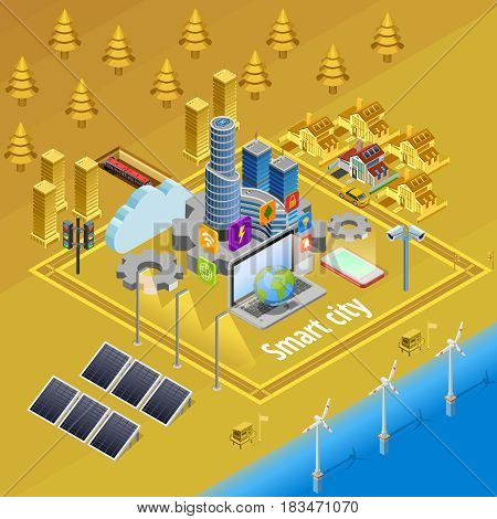 Internet of things smart city infrastructure system concept isometric poster with embedded computer controlled devices vector illustration