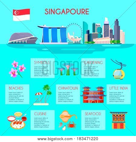 Colored singapore culture infographic with beaches gardening little india cuisine Chinatown and seafood descriptions vector illustration
