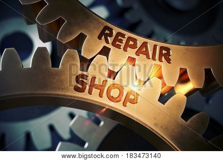 Repair Shop - Industrial Illustration with Glow Effect and Lens Flare. Repair Shop on Mechanism of Golden Metallic Gears with Glow Effect. 3D Rendering.