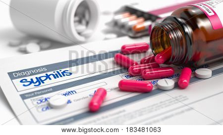 Handwritten Diagnosis Syphilis in the Differential Diagnoses. Medicaments Composition of Heap of Pills, Blister of Pills and Bottle of Tablets. 3D Illustration.