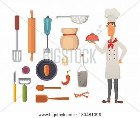 kitchen shelves and cooking utensils, chef character concept