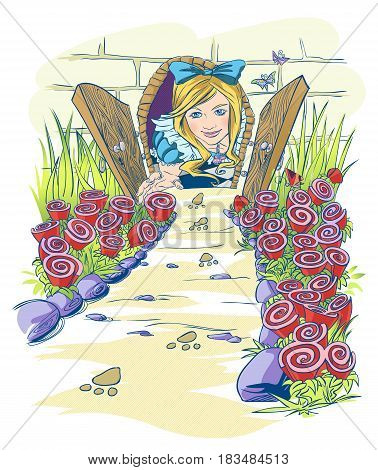Alice in wonderland. Vector illustration. Color and line on different layers.