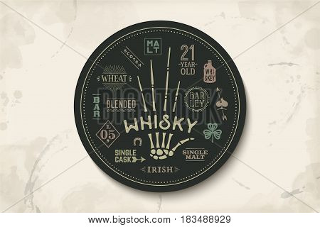 Coaster for whiskey and alcoholic beverages. Vintage drawing for bar, pub and whiskey themes. Black circle for placing whiskey glass over it with lettering, drawings. Vector Illustration