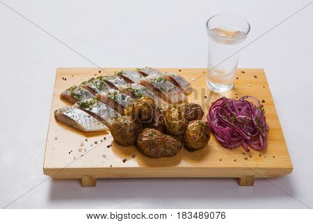 Snack Plate With Herring And Potatoes, Appetizer For Vodka