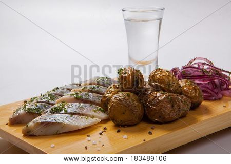 Snack Plate With Herring And Potatoes, Appetizer For Vodka