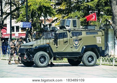 ISTANBUL, TURKEY - 1 APRIL , 2017:Turkish police on the streets of Istanbul during the military situation in the country