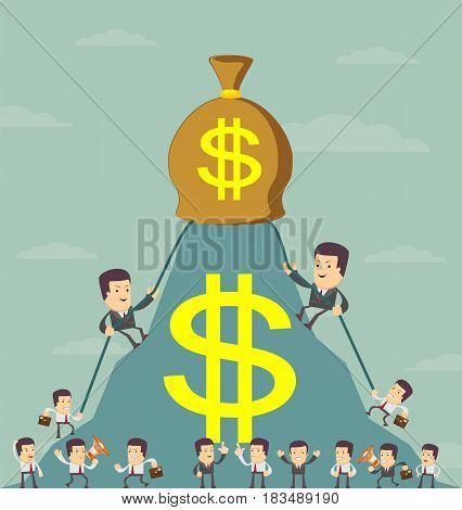 King of the hill. Climb to the top career business concept as a group of businesspeople climbing a rock mountain reaching the summit or peak as a success metaphor.