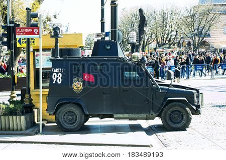 ISTANBUL, TURKEY - 1 APRIL , 2017:Turkish police on the streets of Istanbul during the military situation in the country