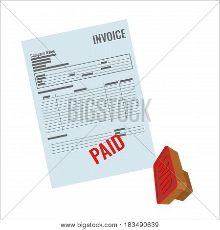 Invoice vector bill with red paid stamp close-up realistic illustration. Payment is made, rubber stamp near document
