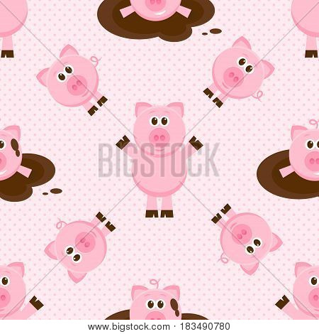 Seamless pattern with cute cartoon pink pigs