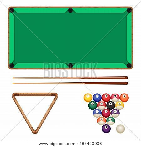 Snooker and pool gaming elements isolated on white. Billiard table, two woden cues, empty rack and balls in starting position vector illustration