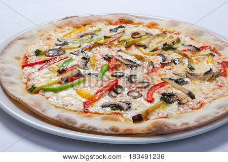 Fresh Pizza With Pepper, Cheese And Mushrooms On White Plate