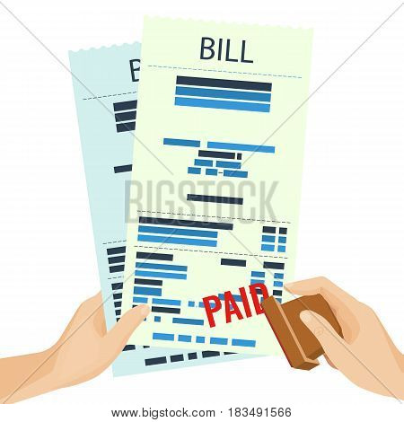 Paid bill in human hands with rubber stamp vector illustration isolated on white. Check paper with made payment and seal