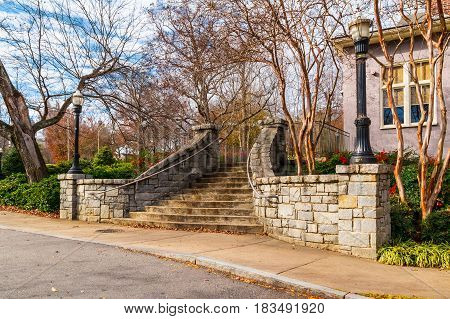 The stone stairs to Magnolia Hall in the Piedmont Park in autumn day Atlanta USA