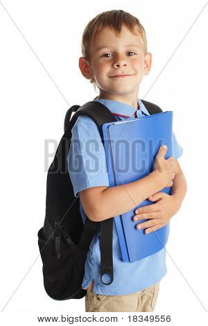มีความสุข schoolchild แยกต่างหากบนพื้นสีขาว