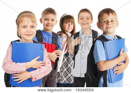 มีความสุข schoolchild แยกต่างหากบนพื้นสีขาว
