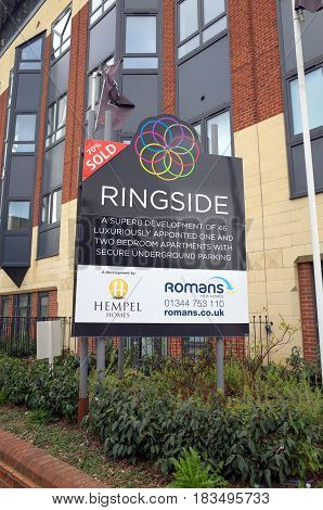 Bracknell, England - February 26, 2017: Sign outside the Ringside building in Bracknell, England advertising luxury apartments.Ringside is an example of property development in former office buildings