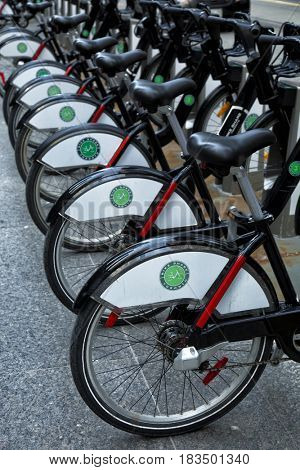 TORONTO, CANADA, APRIL 10, 2017:  Toronto bike share rental system, more than 200 stations around the city in Toronto, Ontario.