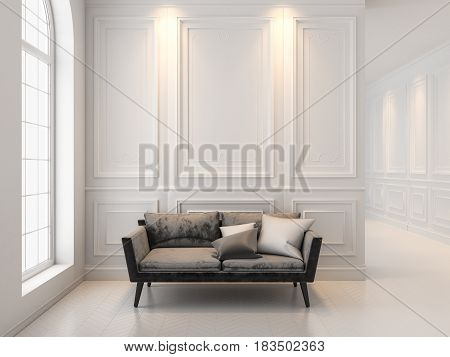 Black sofa in classic white interior. 3D render interior mock up.