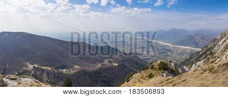 View from Monte Chiampon to Monte Cuarnan and plain of Friuli-Venezia Giulia in Italy in spring