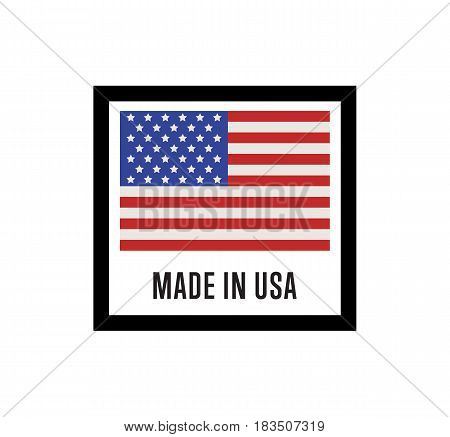 Made in USA label for products vector illustration isolated on white background. Square exporting stamp with united states flag, certificate element