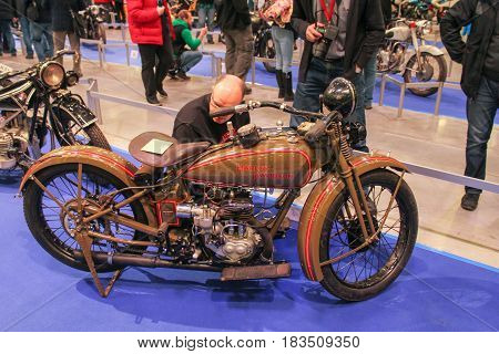 St. Petersburg Russia - 15 April, One of the first Harley-Davidson,15 April, 2017.
International Motor Show IMIS-2017 in Expoforurum.
Motorcycles and motoconcepts presented at St. Petersburg Motor Show.