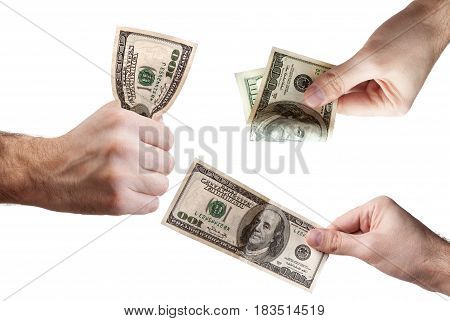 The Hand Giving Money. Bribe And Corruption With Dollar Banknotes.