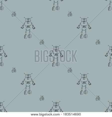 Seamless vector ounline robots doodle pattern. The concept of science and the future. Cartoon style. Hand-drawn illustration. Monochrome grey background
