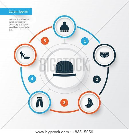 Clothes Icons Set. Collection Of Panama, Heel Footwear, Half-Hose And Other Elements. Also Includes Symbols Such As Underpants, Half-Hose, Beanie.