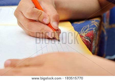 Little Boy Diligently Writes With A Pencil In His Notebook. Preschool Education Of Children And Peda