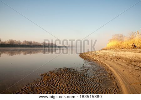 Morning on the river early morning reeds mist fog and water surface on the river