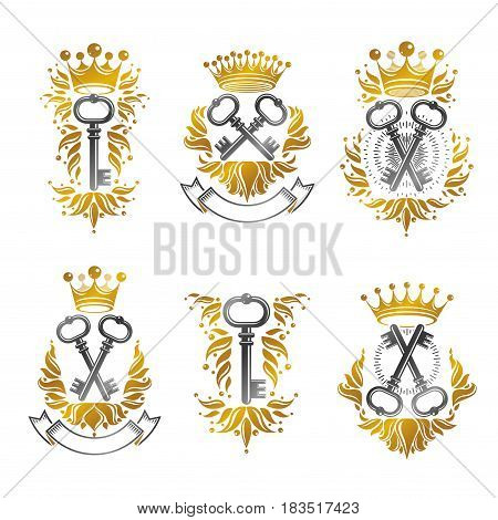 Old Turnkey Keys Emblems Set. Heraldic Vector Design Elements Collection. Retro Style Label, Heraldr