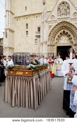 ZAGREB, CROATIA - APRIL 16: Arrival of the body of St. Leopold Mandic in Zagreb Cathedral, Croatia on April 16, 2016.