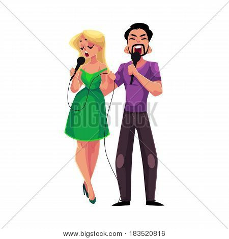 Man and woman singing duet into microphones, karaoke party, contest, competition, cartoon vector illustration isolated on white background. Two karaoke singers, man and woman, singing together