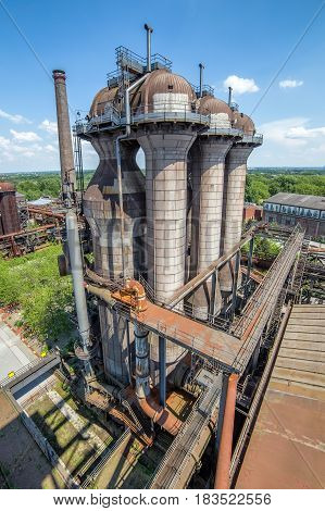 Abandoned buildings of Thyssen blast furnace plant at Duisburg Germany. Now Road of Industrial Heritage