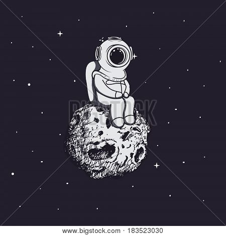 Diver like a astronaut sits on asteroid .Childish vector illustration.