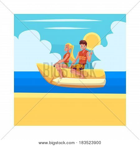 Young couple, man and woman, riding banana boat, enjoying summer water activities, cartoon vector illustration. Full length portrait of man and woman riding banana boat in sea, ocean, under blue sky