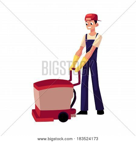 Cleaning service boy, man, cleaner in overalls using floor cleaning machine, front view cartoon vector illustration isolated on white background. Cleaning service boy with floor washing machine