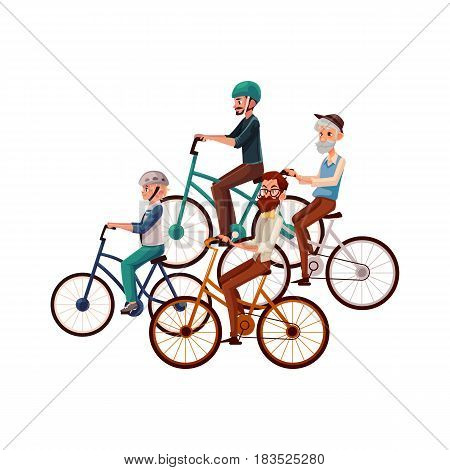 Teenage boy and young, mature, old men riding bicycles, cycling, cartoon vector illustration isolated on white background. Father, grandfather, great grandfather and son riding bicycles, cycling