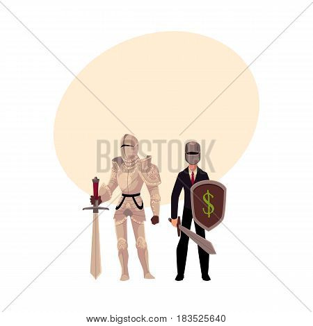 Medievel and modern, businessman knight in metal armor and business suit, cartoon vector illustration with space for text. Two knights - modern and medievel, standing, holding sword