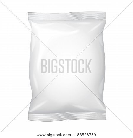 White Blank Foil Food Snack Sachet Bag Packaging For Coffee, Salt, Sugar, Pepper, Spices, Sachet, Sweets, Chips, Cookies. Illustration Isolated. Mock Up Template Ready For Your Design. Vector EPS10