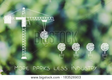 Tower Crane Building A Line Of Trees, Text More Parks Less Industry