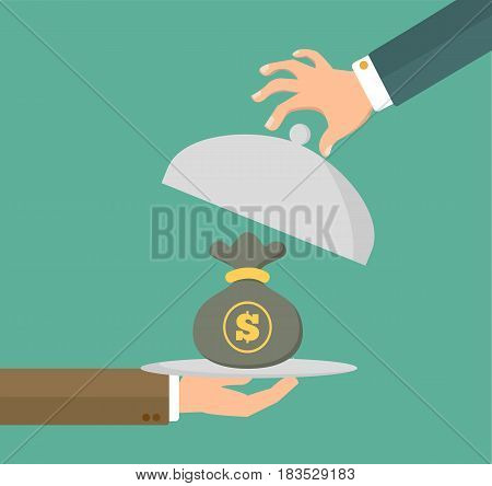 Businessman hand holding silver plater with money bag. Service concept in flat style. Vector stock.