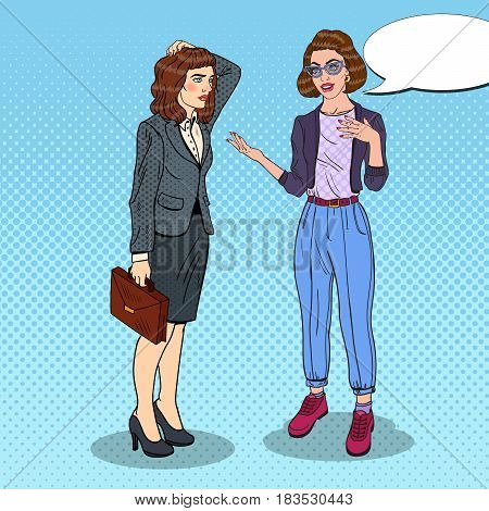 Woman Explaining Something to Thoughtful Businesswoman. Pop Art vector illustration