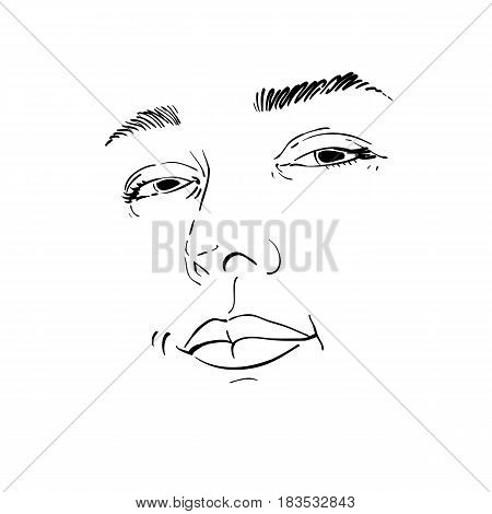 Hand-drawn monochrome portrait of white-skin flirting woman face emotions theme illustration. Beautiful sexy lady posing on white background girl with delicate face features.